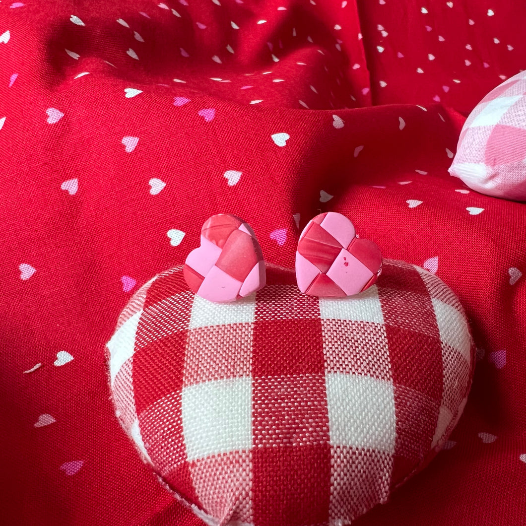 Pink & Red Checked Heart Studs
