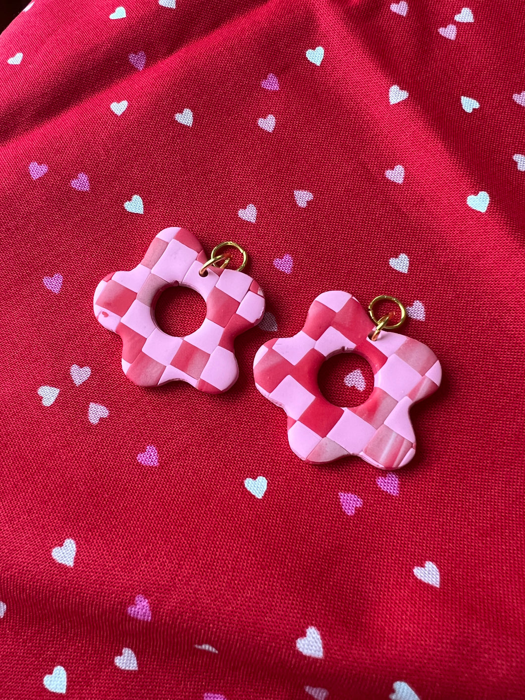 Funky Floral Hoop Charms - Pink & Red Checked
